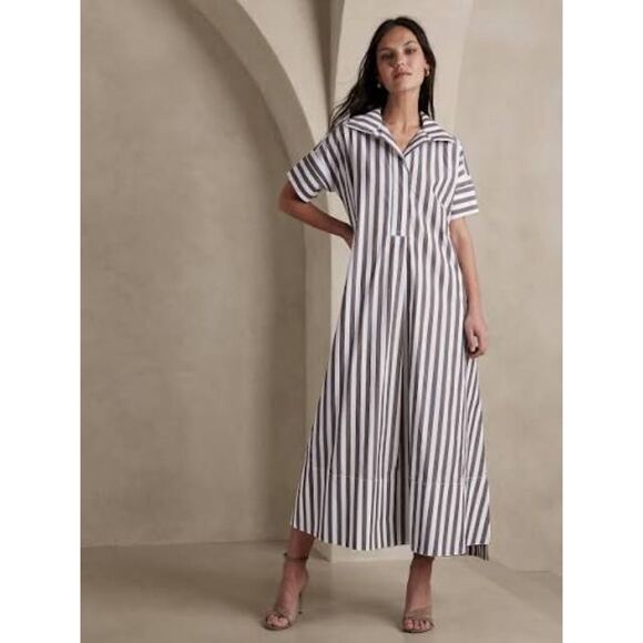 BANANA REPUBLIC Women's Rhyah Poplin Maxi Striped Roll Sleeve Dress Size XL/XXL - Picture 1 of 11